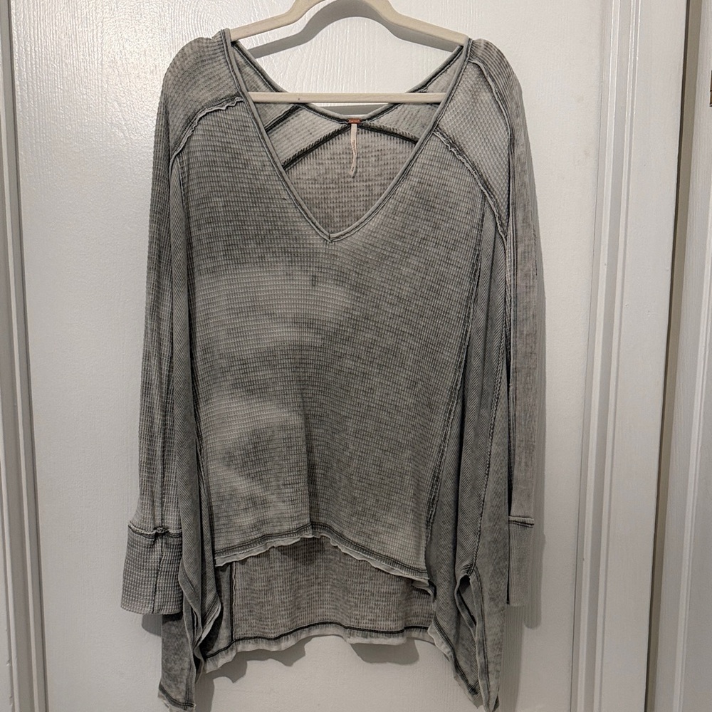 Free People Washed Gray V-Neck Waffle Knit Pullover